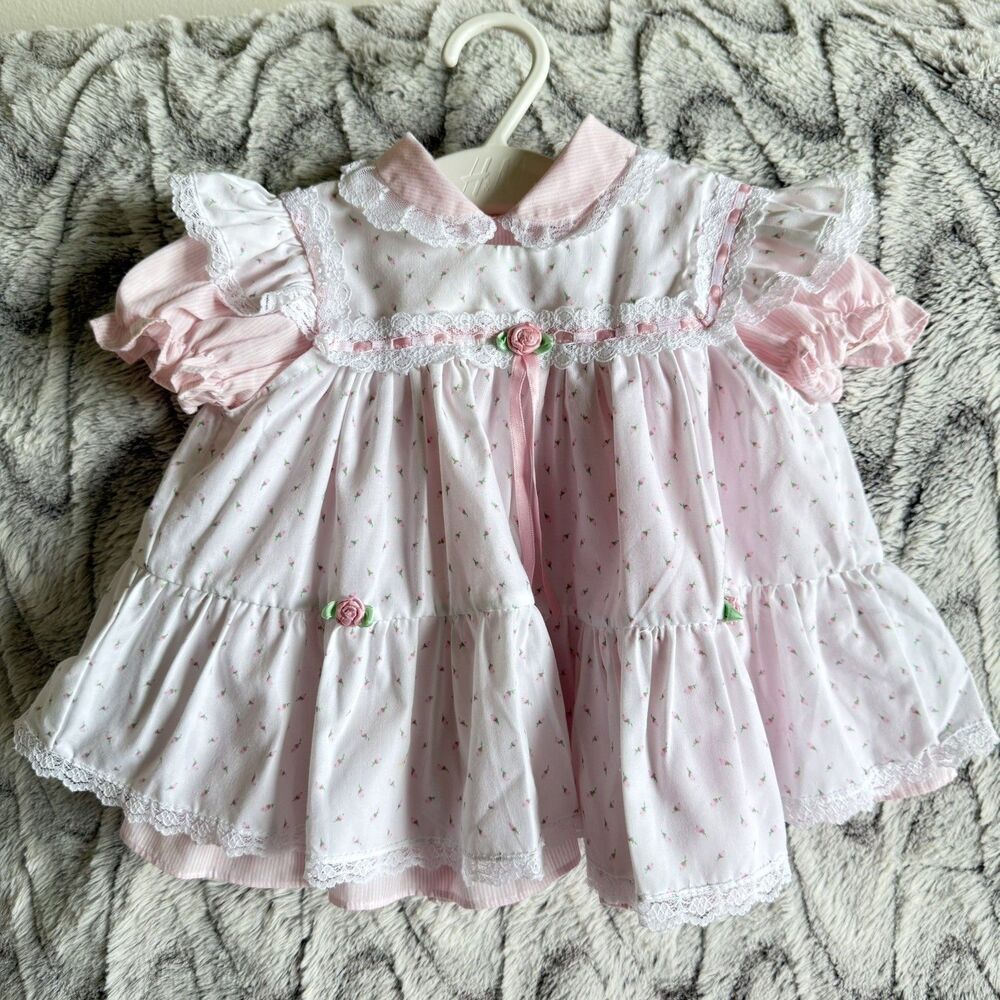 Vintage Infant Dress White and Pink Layered With Rosebuds and Lace Size 6-9 Mos